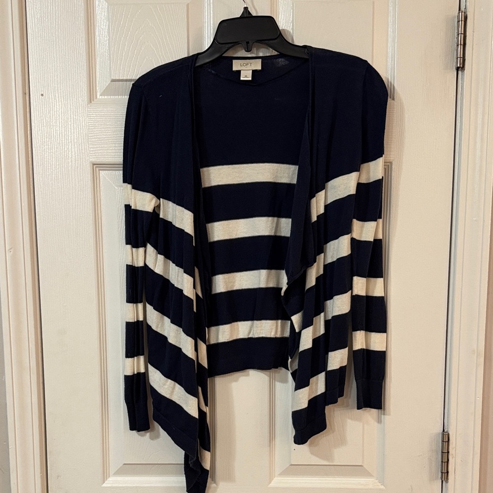 LOFT Dark Blue and Cream Striped Cardigan